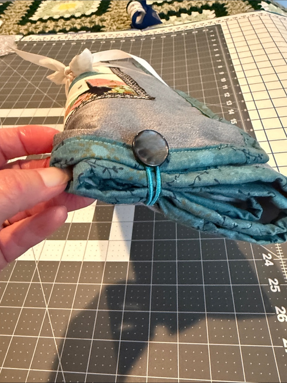 Project Handmade Quilted Roll-Up Organizer - Teal Gray Patchwork - Picture 4 of 13